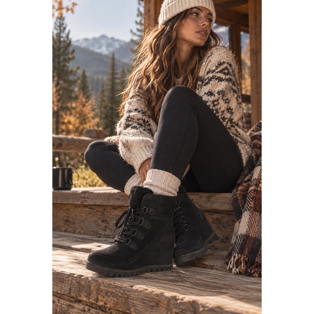 UGG Women Black Suede Wedge Ankle Boots Lace Up Lug Sole 1103830 Size 7